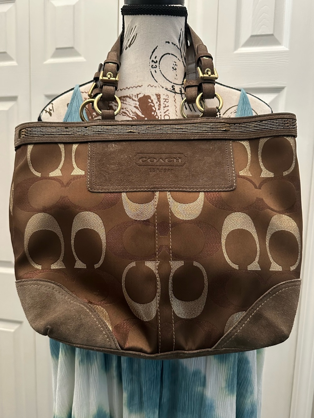 Vintage Coach Brown Shimmer Signature Logo Tote with Suede Trim style 10445